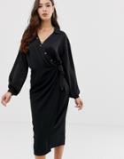 Asos Design Satin Mix Wrap Midi Shirt Dress - Black