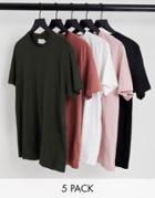 Topman 5 Pack Classic T-shirts In White, Black, Khaki, Pink And Burgundy-multi