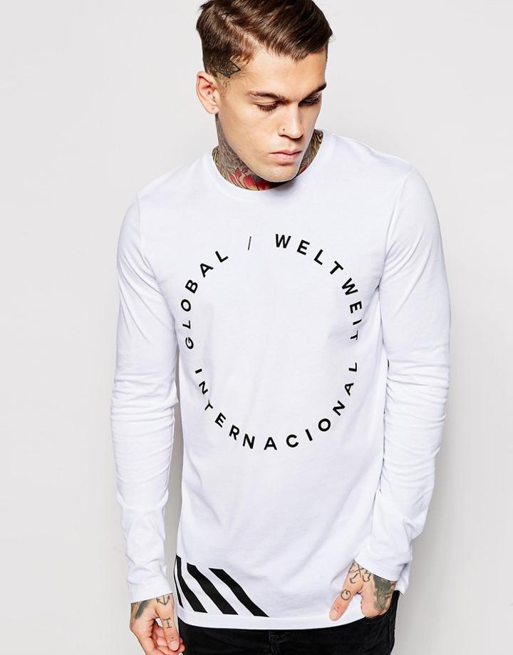 Asos Longline Long Sleeve T-shirt With Typographic Print - White