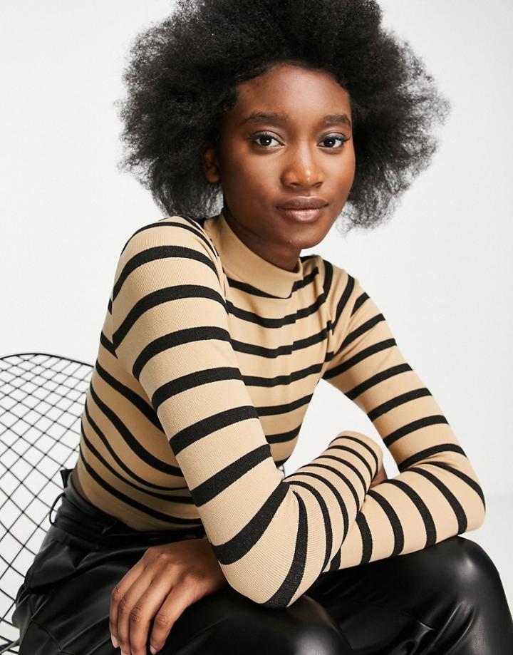 Stradivarius Long Sleeve Top In Camel & Black Stripe