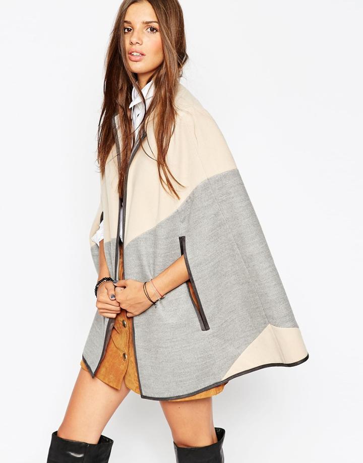 Asos Diagonal Cape With Leather Look Trim - Multi