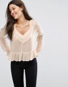 Asos Sheer Blouse With Raw Edge Ruffle - Beige
