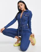Parisian Long Sleeve Tie Waist Denim Jumpsuit In Mid Wash Blue
