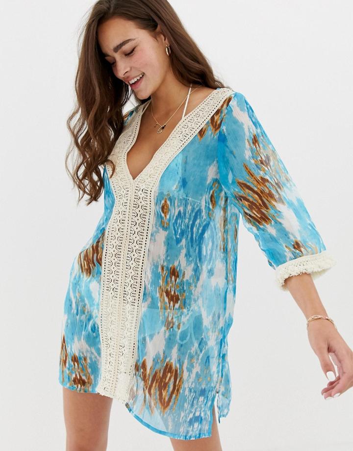 En Creme Long Sleeve Dress With Lace Trim - Blue