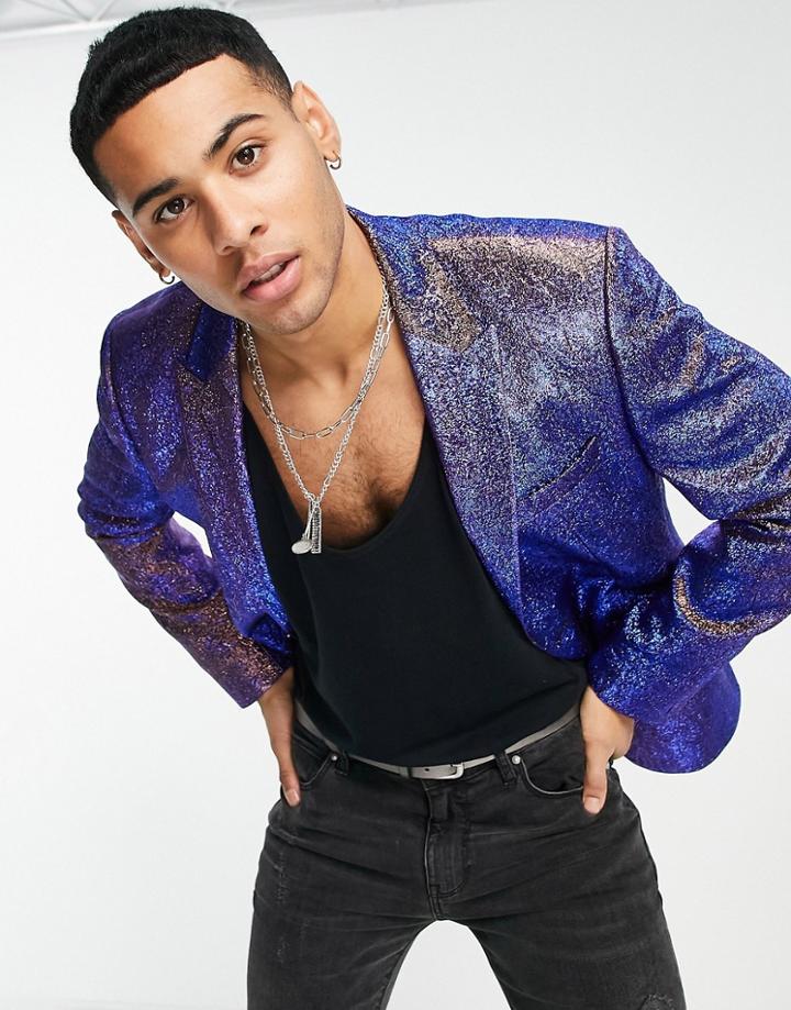 Asos Design Skinny Blazer In Purple Metallic Jacquard