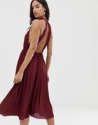 Asos Design Halter Pleated Waisted Midi Dress-red