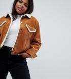 Asos Design Curve Cord Jacket With Fleece Collar In Rust Brown - Stone