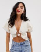 Asos Design Denim Kimono Sleeve Buckle Front Top - Cream