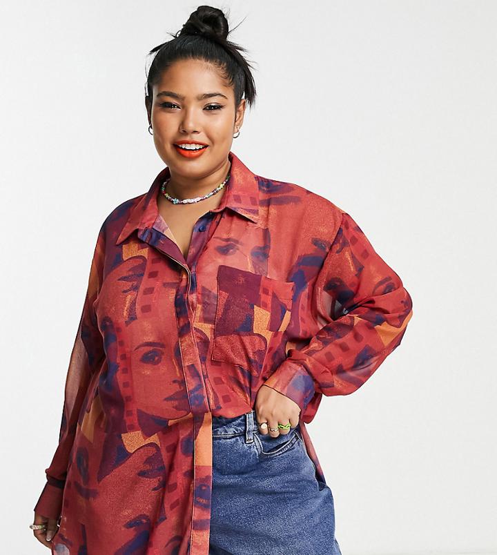 Asos Design Curve Oversized Shirt In Sheer Faces Print-multi