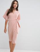 Asos Wrap Midi Dress With Choker Detail - Pink