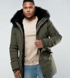 Sixth June Plus Parka Jacket In Khaki With Faux Fur Hood - Green