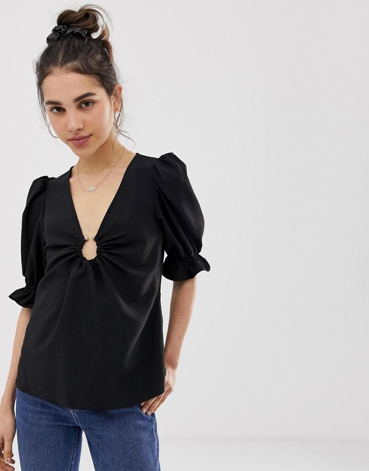 Asos Design Tea Blouse With Ring Detail - Black