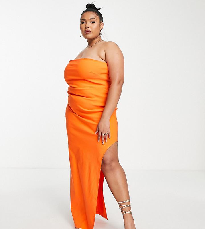Vesper Plus Bandeau Maxi Dress With Side Thigh Split In Orange