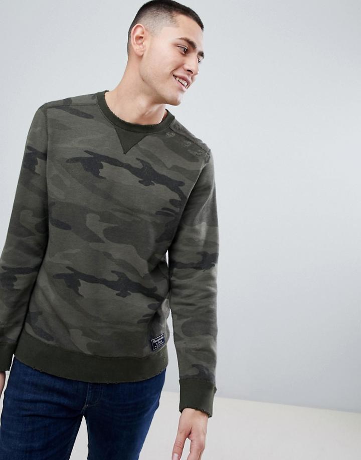 Abercrombie & Fitch Destroyed Military Camo Print Logo Crewneck Sweatshirt In Green - Green