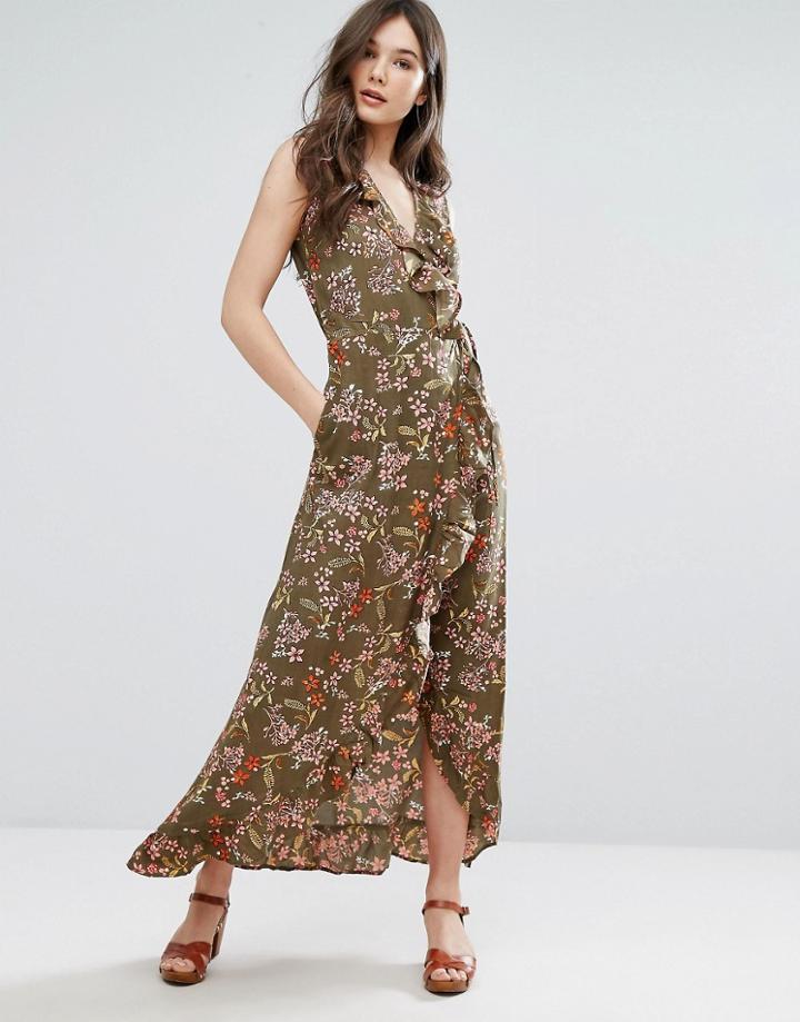 Qed London Frill Wrap Maxi Dress - Green