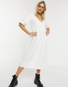 Asos Design Midi Quilted Dress With Puff Sleeve In Ivory-white