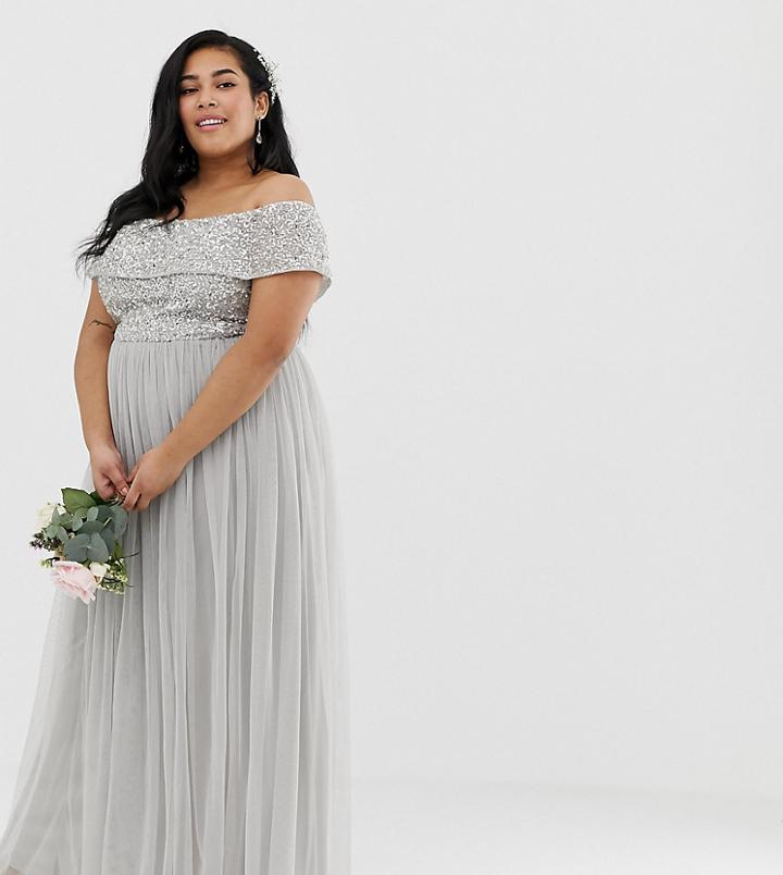 Maya Plus Bridesmaid Bardot Maxi Tulle Dress With Tonal Delicate Sequins In Soft Gray