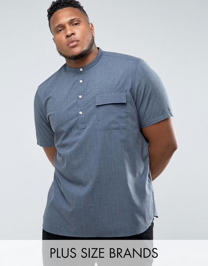 Asos Plus Regular Fit Linen Look Grandad Shirt In Navy - Navy