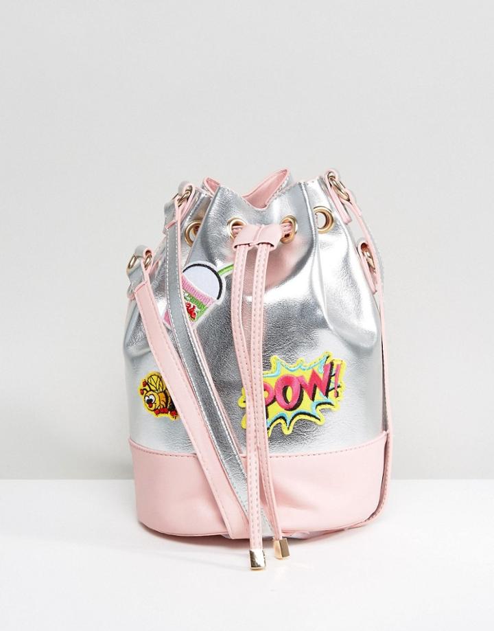 7x Metallic Logo Patch Bucket Bag - Silver