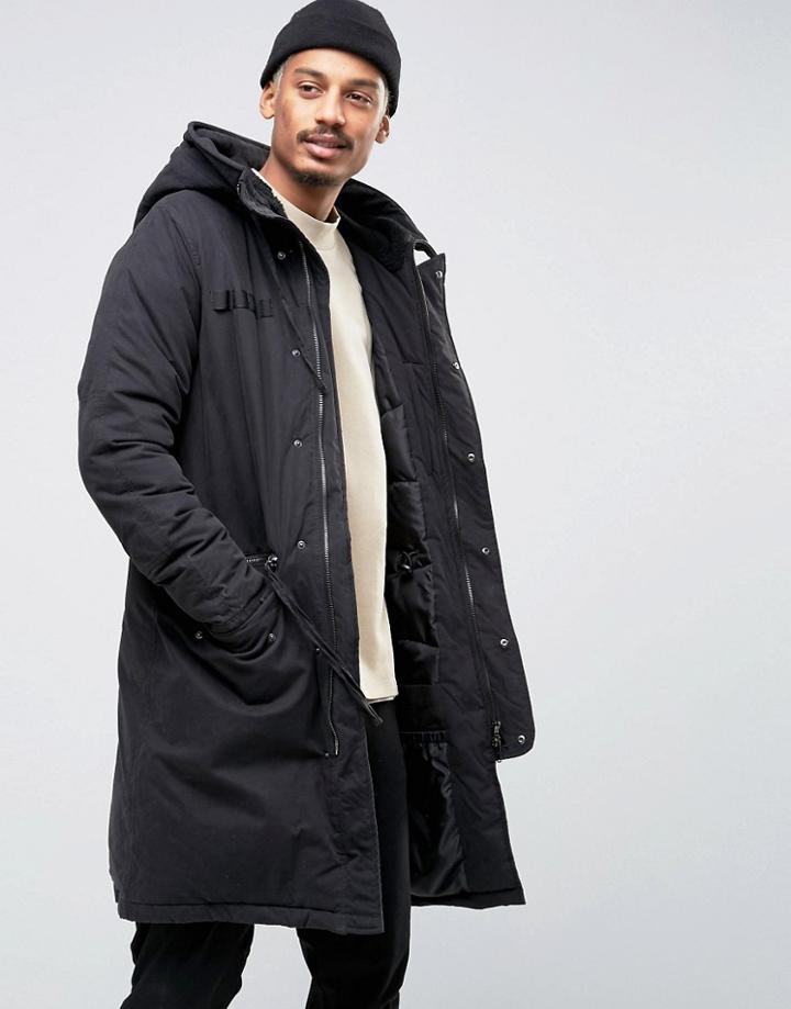 Asos Parka Jacket With Strap Detail In Black - Black