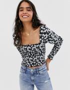 Asos Design Shirred Top With Puff Sleeve In Daisy Floral Print - Black