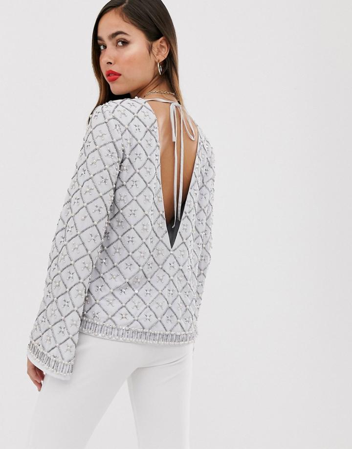 Asos Design Embellished Long Sleeve Top With Low Back Detail