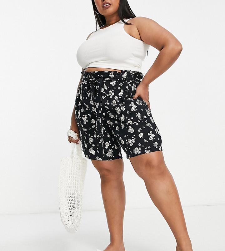 Yours Tie Waist Short In Daisy Print-black