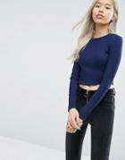 Asos Crop Crew Neck Long Sleeve T-shirt - Navy