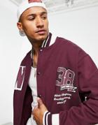 Asos Design Oversized Jersey Bomber Jacket In Burgundy With Collegiate Chest Prints-red
