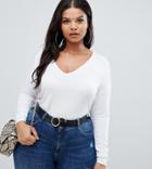 Asos Design Curve Ultimate Top With Long Sleeve And V-neck In White