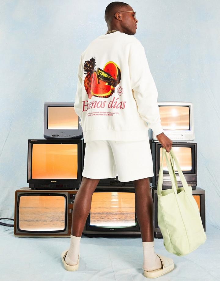Asos Design Super Oversized Sweatshirt In Off White With Back Fruit Print - Part Of A Set-neutral