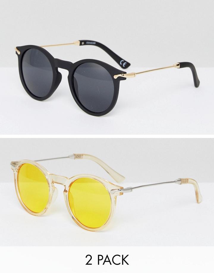 Asos 2 Pack Round Sunglasses With Metal Arms In Yellow Lens & Black Lens - Multi