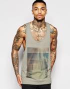 Asos Tank With Photo Print And Extreme Racer Back - Gray