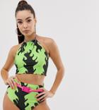 Jade Clark X Tara Khorzad Halter Neck Bikini Top With Flame Print - Green