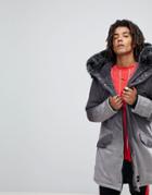 Sixth June Parka Jacket In Gray Faux Suede With Oversized Faux Fur Hood - Black