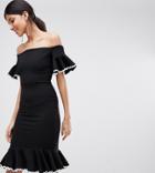 John Zack Tall Off Shoulder Midi Pencil Dress With Fluted Hem Detail-black