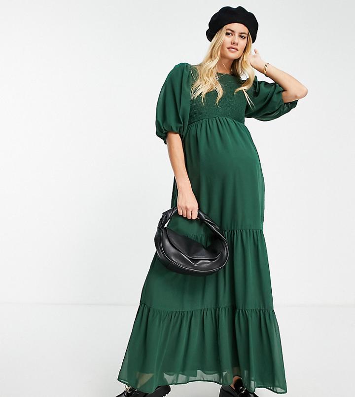 Asos Design Maternity Shirred Tiered Maxi Dress In Forest Green