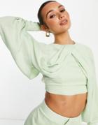 Asos Edition Satin Drape Front Crop Top With Blouson Sleeve In Green