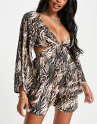 Asos Design Fuller Bust Cut Out Waist Long Sleeve Beach Dress In Blurred Animal-multi