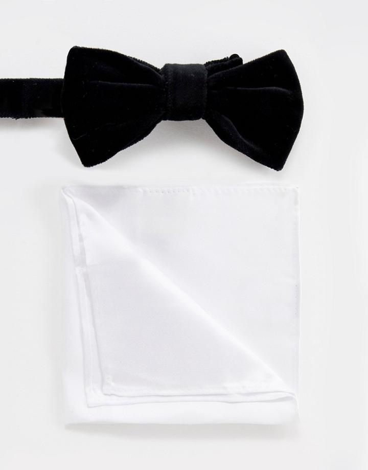 Devils Advocate Black Velvet Bow Tie And White Pocket Square - Black