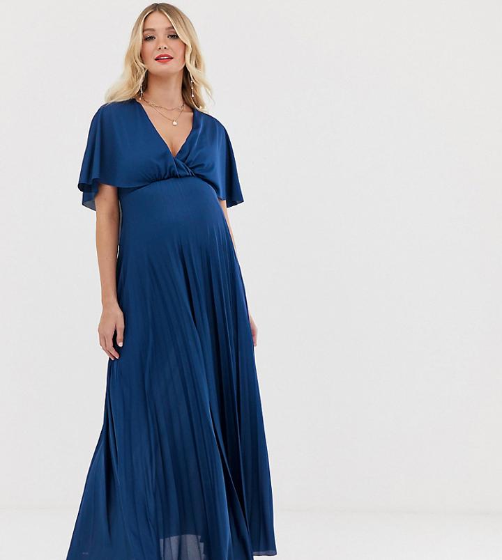 Asos Design Maternity Cape Back Detail Pleated Maxi Dress-navy