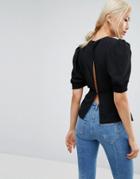 Asos Puff Sleeve Blouse With Hardware Detail - Black