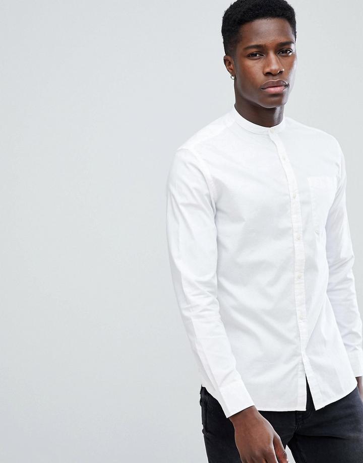 Jack & Jones Premium Slim Fit Grandad Collar Shirt In Linen Mix - White