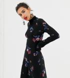 Warehouse Long Sleeve Mini Dress In Dark Floral - Black
