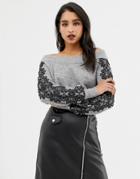 Lipsy Off Shoulder Sweater With Lace Sleeve Detail In Gray - Gray