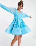 Lace & Beads Exclusive Tulle Smock Mini Dress In Bright Blue-blues