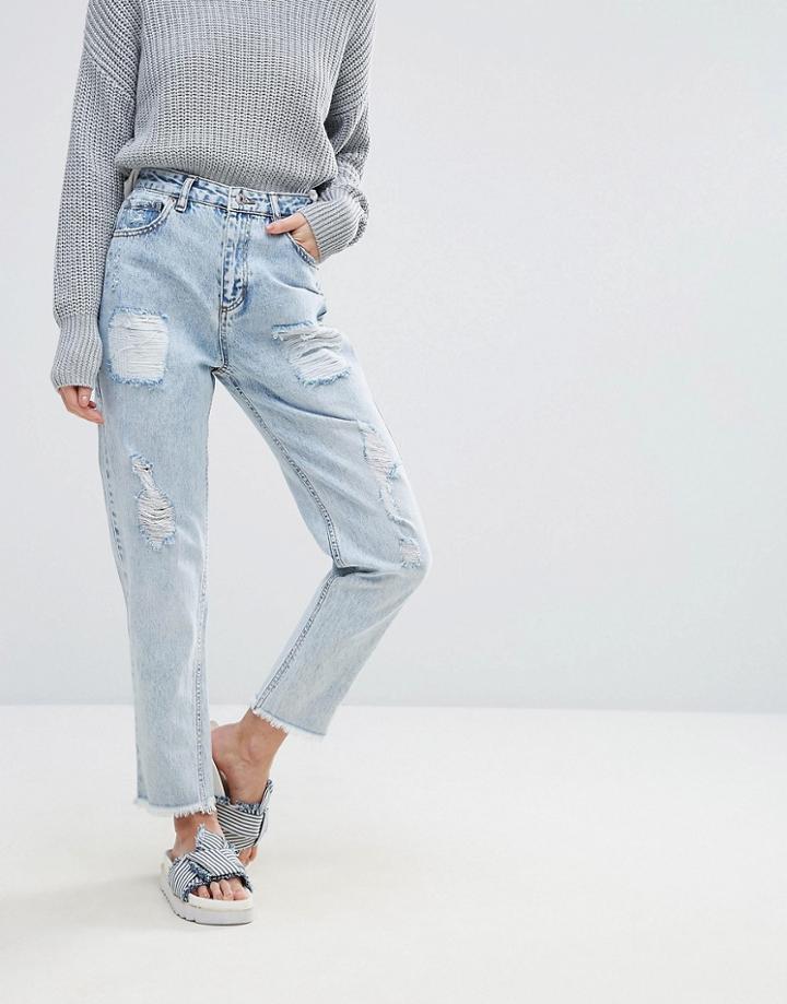 Pull & Bear Bleach Wash Rip Detail Mom Jean - Blue