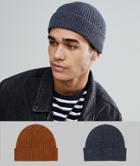 Asos Fisherman Beanie 2 Pack In Denim & Tobacco Save - Navy