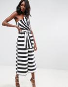 Asos Jumpsuit In Structured Stripe With Knot And Drape Detail - Black