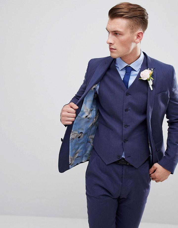 Asos Design Wedding Super Skinny Suit Jacket In Indigo Linen - Navy
